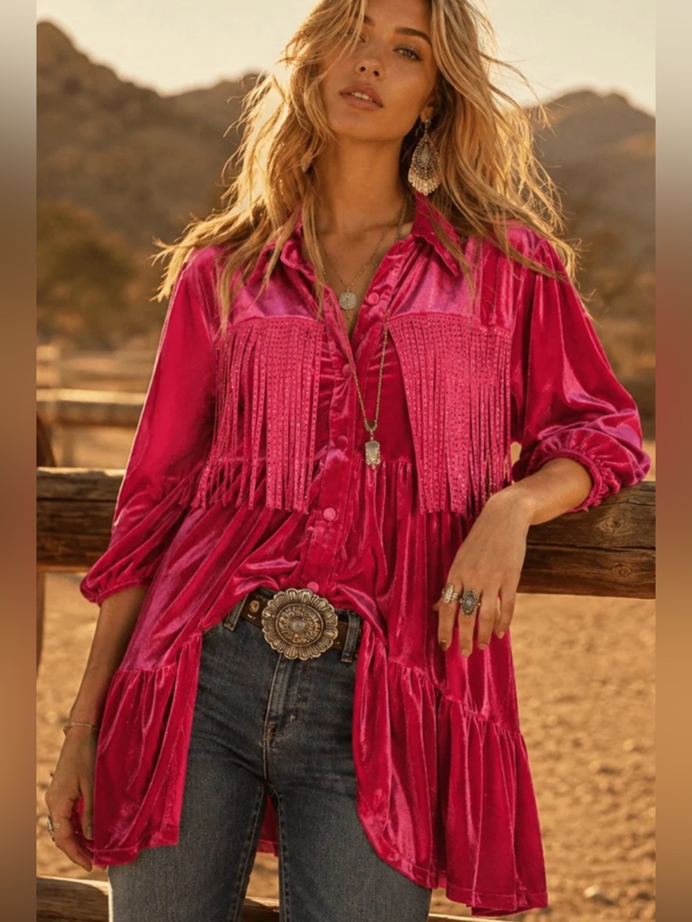 Boho NWT Festival Fringe Detail velvet Button-Front Women's Top size S-M-L